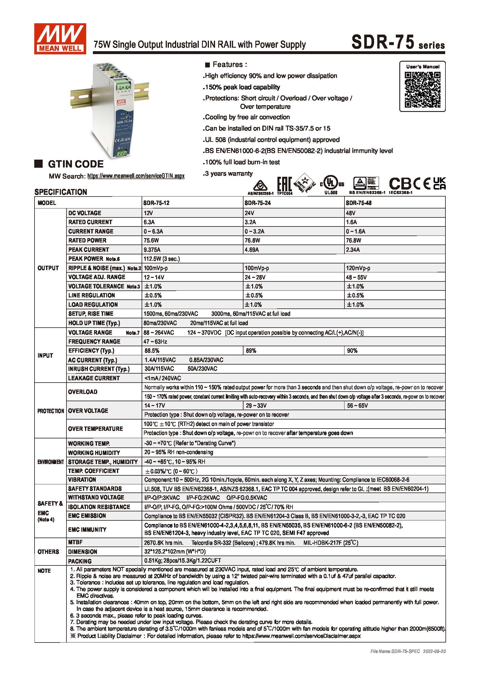 (Meanwell)Industrial DIN-Rail Power adapter 75W Single Output Industrial DIN RAIL with Power Supply SDR-75-24